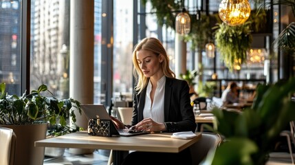 Sticker - A woman working on a laptop in a modern café surrounded by plants.