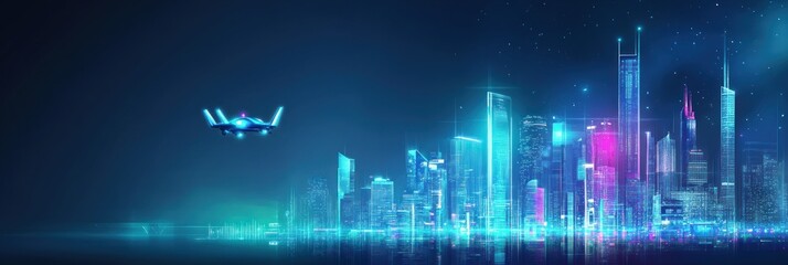 Canvas Print - Futuristic cityscape with neon lights and a flying vehicle.