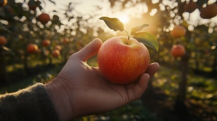 Canvas Print - A hand holding a bright red apple in an orchard during sunset.