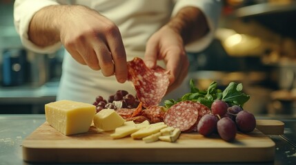 Poster - A chef prepares a charcuterie board with meats, cheeses, and fresh produce.