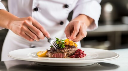 A chef garnishing a plated steak dish with herbs and sauce in a professional kitchen.