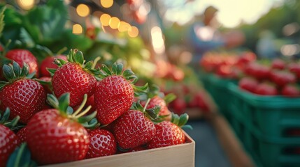 Wall Mural - Fresh strawberries displayed at a market, showcasing vibrant colors and a lively atmosphere.