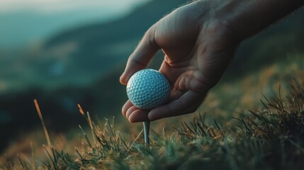 Poster - A hand placing a golf ball on a tee in a grassy field during sunset.