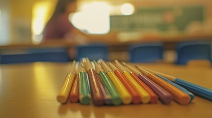 Wall Mural - A collection of colorful markers on a table, with a blurred background of a classroom setting.