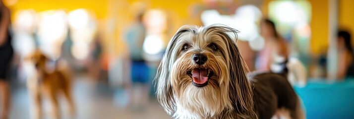 Canvas Print - A happy dog in a vibrant indoor setting, surrounded by people and other dogs.