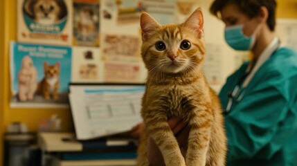 Sticker - A veterinarian holds an orange cat in a clinic, with informative posters in the background.