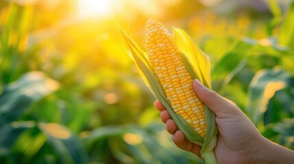 Poster - A hand holding fresh corn in a field during sunset, highlighting agriculture and harvest.