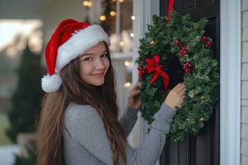 Wall Mural - Young woman in Santa hat hanging Christmas wreath on front door. Preparing for Christmas