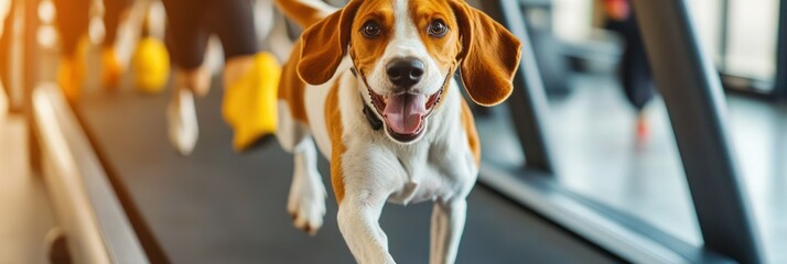 Canvas Print - A playful dog running on a treadmill in a gym setting, showcasing fitness and fun.