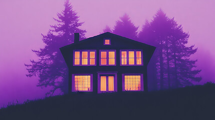 Poster - A mysterious house with glowing windows stands silhouetted against a purple sky, surrounded by tall trees.