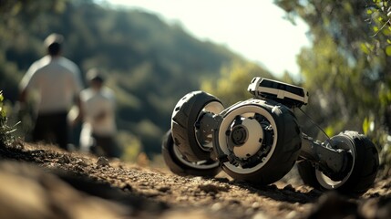 Poster - A robotic device rests on a dirt path with people in the background, suggesting exploration.