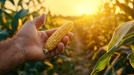 Poster - A hand holds an ear of corn in a field during sunset, symbolizing agriculture and harvest.