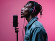 © Amy - Young male musician singing into a studio microphone with headphones, against a pink backdrop, capturing creativity and passion in music