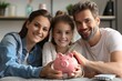 © tiena - A kid girl holds piggy bank with mother and father. Happy family. AI generative
