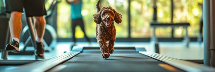 Poster - A dog joyfully runs on a treadmill in a gym setting, showcasing fitness and fun.