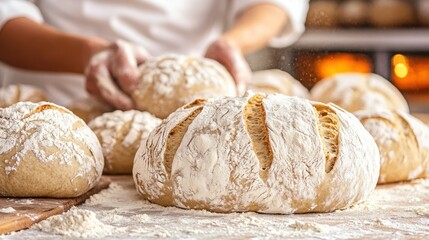 Wall Mural - Freshly baked bread being prepared in a bakery with flour dusting the surface.