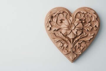 Wooden heart shape with carved details, rustic and warm style, 3D illustration