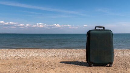 A green suitcase stands on a sandy beach, surrounded by palm trees and the ocean, evoking the joy of summer vacations and travel adventures under a bright blue sky.