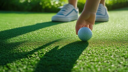 Wall Mural - A hand placing a golf ball on a green surface, ready for a game.