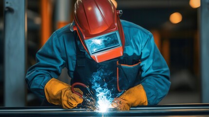 Welder working on metal with sparks in industrial workspace.