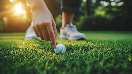 Canvas Print - A hand adjusts a golf ball on the grass, with a person in the background preparing to play.