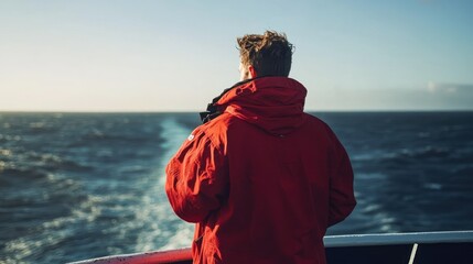 Sticker - A person in a red jacket gazes at the ocean from a boat, enjoying the scenic view.