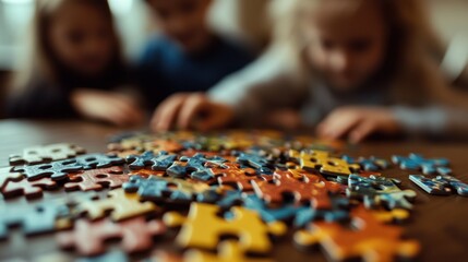 Sticker - Children engaged in assembling a colorful jigsaw puzzle on a table.