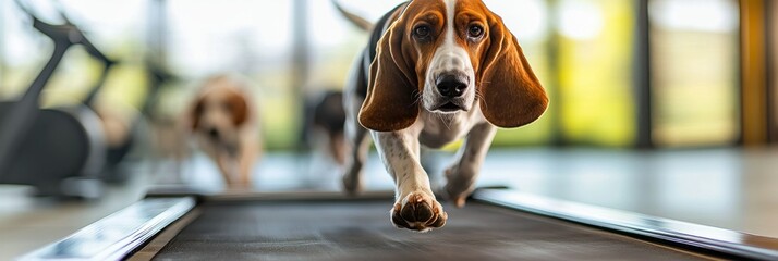 Sticker - A beagle runs on a treadmill in a modern gym setting, showcasing pet fitness and activity.