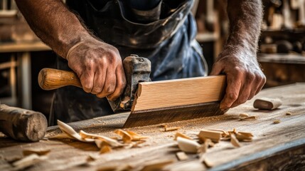 Poster - A craftsman using a hand plane on wood, creating shavings in a workshop setting.