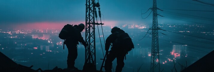 Canvas Print - Two figures silhouetted against a city skyline, working near communication towers at dusk.