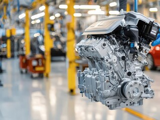 Automotive engine displayed in manufacturing facility, white isolate background