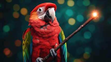 Vibrant digital of a parrot wearing a wizard s robe and holding a glowing wand perched atop a mystical enchanted wooden staff in a fantasy magical setting