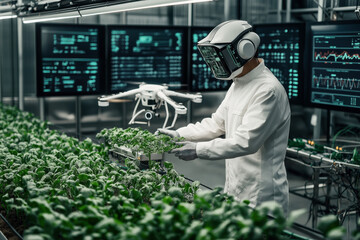 Wall Mural - Scientist in protective gear examining plants in a high-tech laboratory with advanced digital interfaces and a drone in the background.