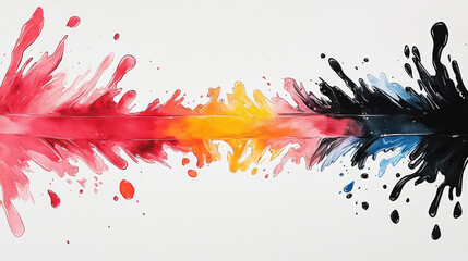 Wall Mural - Abstract watercolor painting with red, orange, yellow, blue, and black paint splatters.