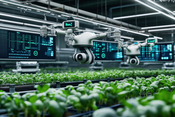 Canvas Print - Advanced agricultural drones equipped with cameras and sensors monitor crops in a high-tech indoor farm with digital screens displaying growth data.