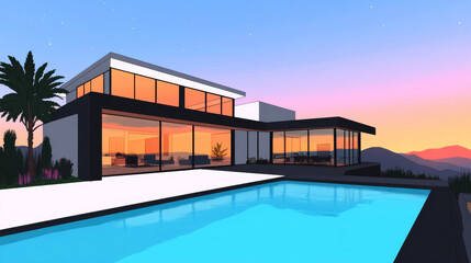 Poster - Modern home with a pool overlooking a mountain vista at sunset.