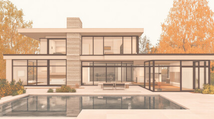 Poster - Modern home with a large pool and autumn foliage in the background.