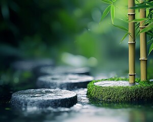 Bamboo and stones in tranquil water setting, green natural background.