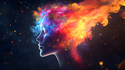 A colorful brain with hexagons and lines connecting neural pathways, symbolizing AI technology.Creative brain creative and mathematical mindset. Explosion of colors and creativity, concept.