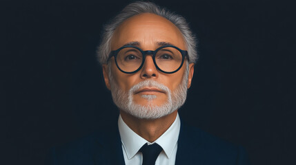 Canvas Print - Portrait of a mature man with a serious expression, wearing a suit and glasses, against a black background.