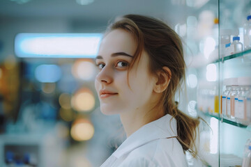 Wall Mural - Portrait of a pharmacist in a pharmacy shop generative AI