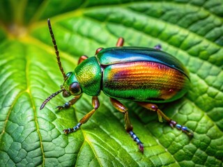 Vibrant Spring Beetle Crawling on a Leaf in a Lush Green Garden under Natural Sunlight Conditions