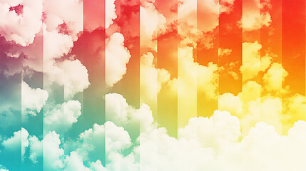 Wall Mural - Abstract sky background with colorful stripes and fluffy white clouds.