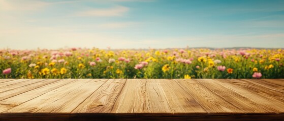 Wooden table overlooking a vibrant field of blooming flowers under a clear blue sky.