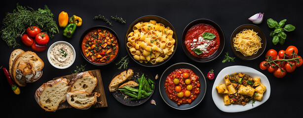 Wall Mural - A flat lay of various Italian dishes, including pasta with tomato sauce, chicken parmesan, bread, and vegetables, on an isolated dark background