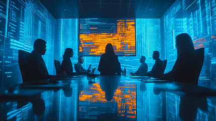 Silhouetted businesspeople in a meeting room with digital code on the screens.