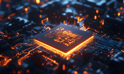 Futuristic AI Chip with Neon Circuits and Dynamic Data Streams in High-Tech Digital Environment