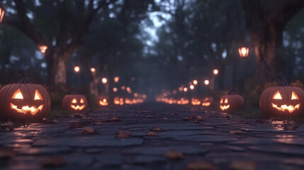 Poster - A spooky path lined with glowing jack-o'-lanterns creates an eerie atmosphere for Halloween.