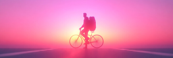 Wall Mural - Silhouette of a man with a backpack riding a bicycle during a colorful sunset.