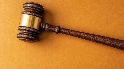 A wooden gavel with a gold band sits on a brown surface.